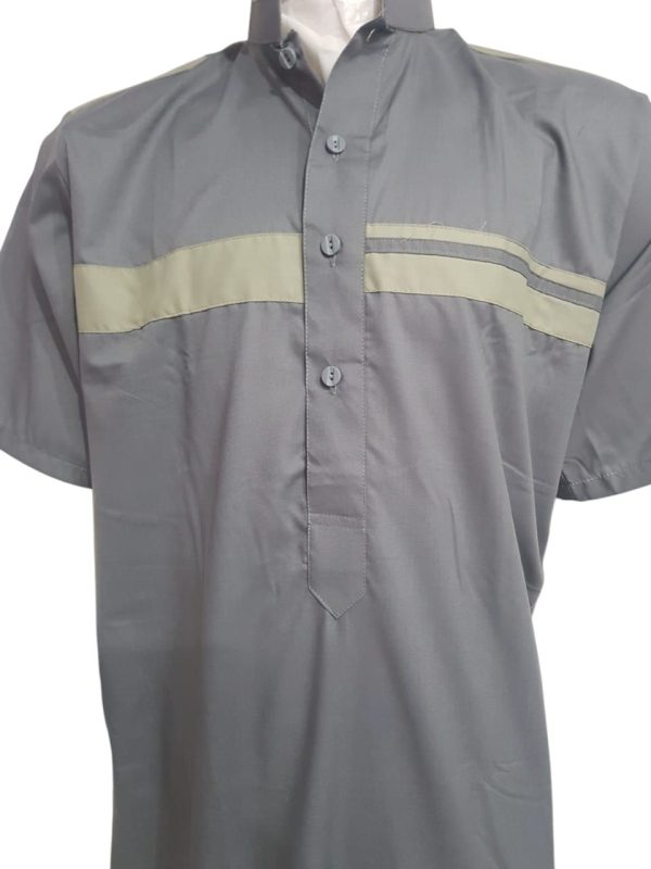 MENS COLOUR KURTA - SHORT SLEEVE - GREY WITH GREEN - Image 2