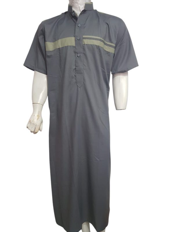 MENS COLOUR KURTA - SHORT SLEEVE - GREY WITH GREEN