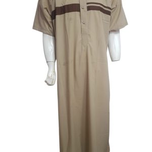 MENS COLOUR KURTA - SHORT SLEEVE - LIGHT BROWN WITH DARK BROWN