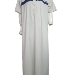MENS COLOUR KURTA - SHORT SLEEVE - WHITE WITH NAVY BLUE