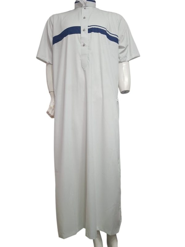 MENS COLOUR KURTA - SHORT SLEEVE - WHITE WITH NAVY BLUE